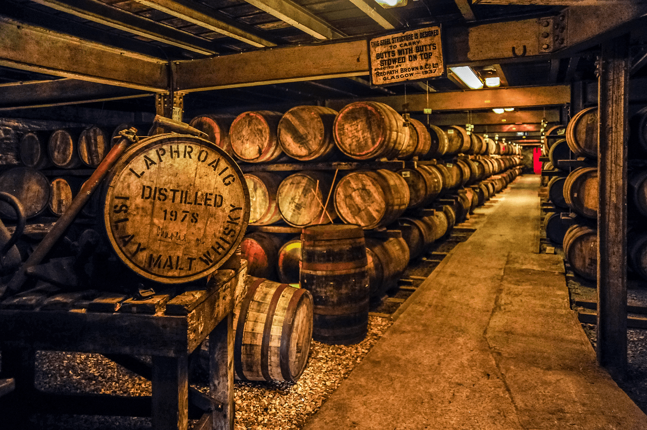 Whisky maturing in barrels at the famed Laphroaig Distillery